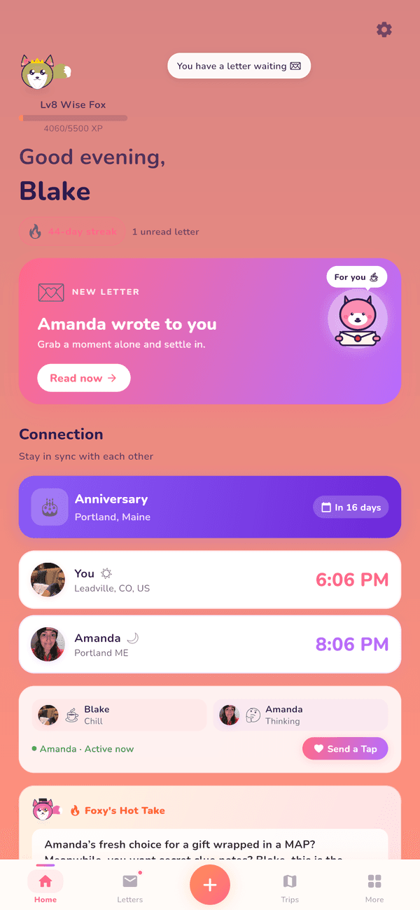 Far Fox home screen with a new love letter, a countdown to an anniversary and partner times